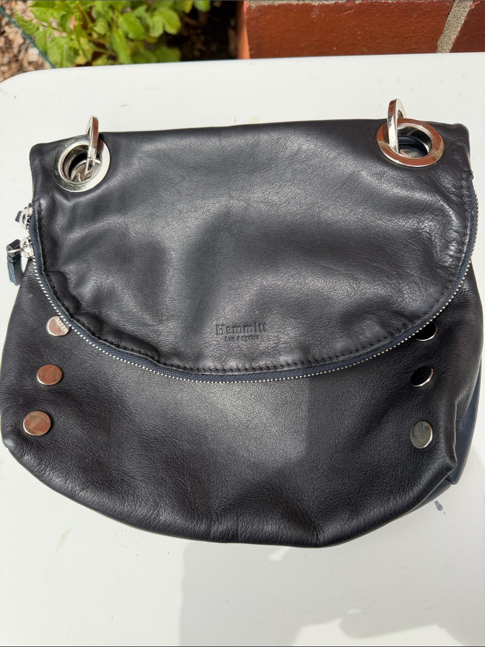 Hammitt Navy or Black reversible Leather Shoulder Bag with Silver Grommets - Picture 2 of 6